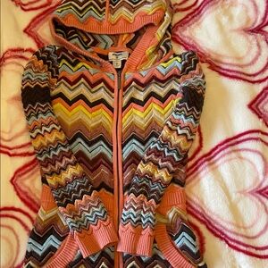 Missoni Coral and Brown Zigzag Knit Hoodie with Yellow Accents